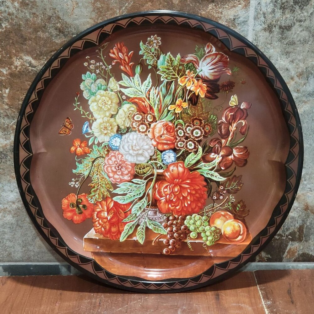 Vintage Daher Round Metal Serving Tray Floral Fruit Design